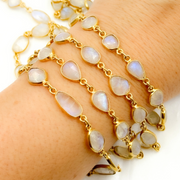 White Moonstone Organic Shape Bezel Gold Plated Wire Chain